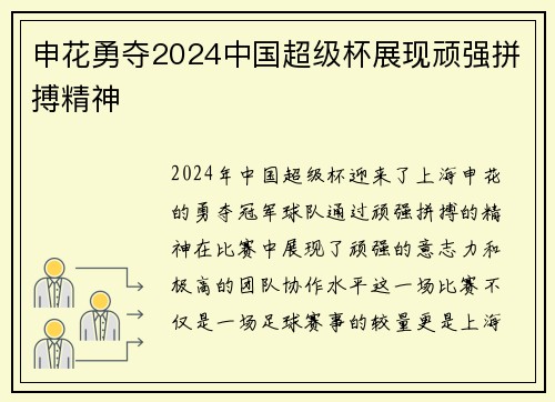 申花勇夺2024中国超级杯展现顽强拼搏精神 申花勇夺2024中国超级杯展现顽强拼搏精神