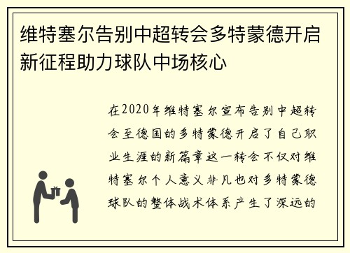 维特塞尔告别中超转会多特蒙德开启新征程助力球队中场核心